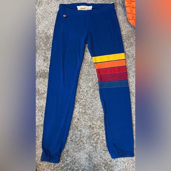 Aviator Nation Blue Rainbow Stitch Wrap Around Stripes Sweatpants Size Small